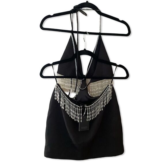 NBD Lali Dress Beaded Fringe Black Cut Out Mini Halter Revolve $328 NWT S - Picture 8 of 12